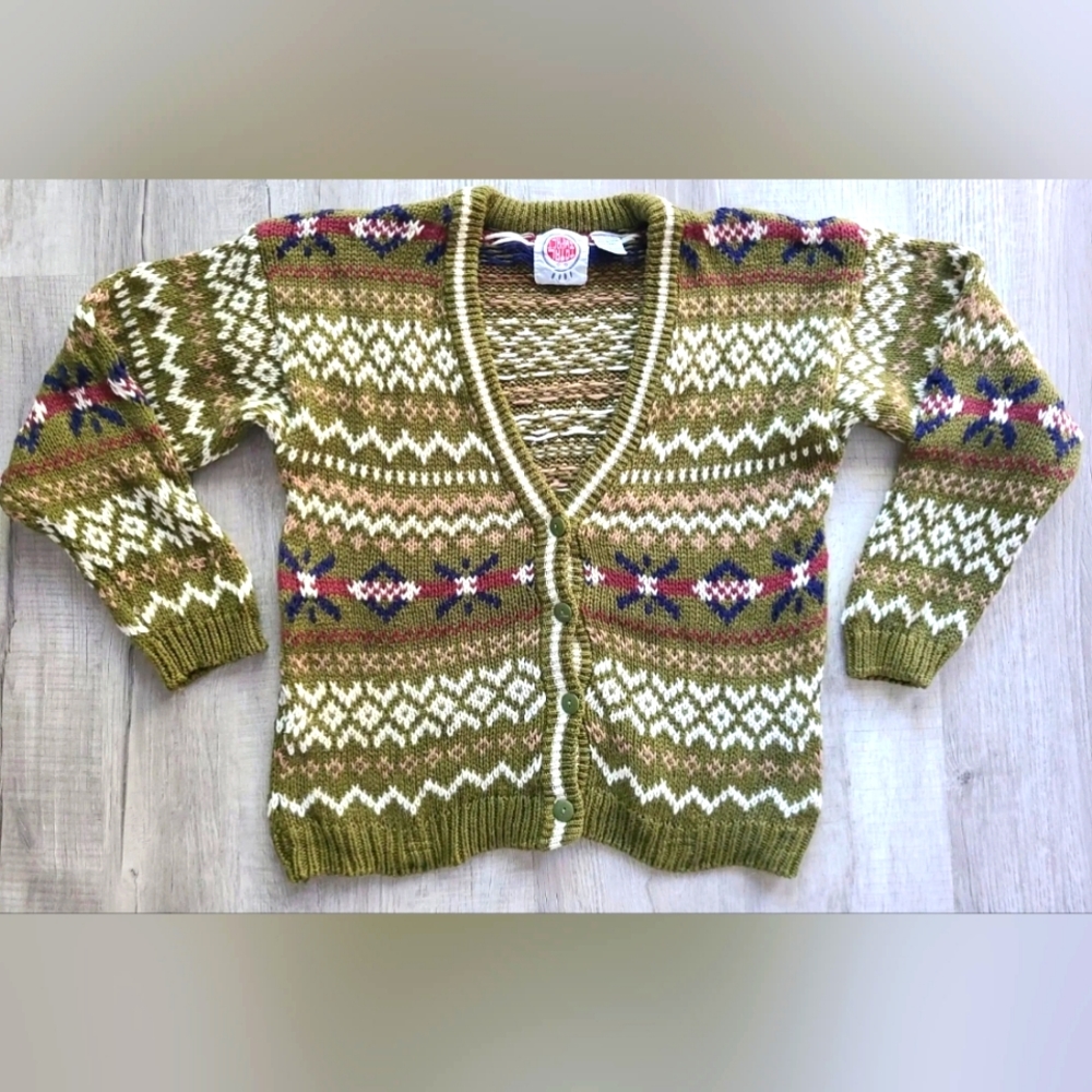 80's Vintage Total Impact Women’s Green Multicolor Cardigan Knit Sweater  Large